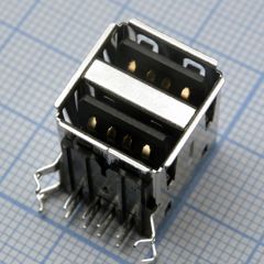 Разъем USB тип А, розетка на плату сдвоенная угловая, 2*4 контакта