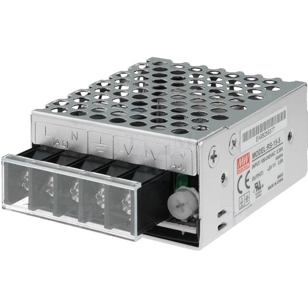 AC-DC, 15Вт, выход 5В/3A, рег. вых 4.75…5.5 В , вход 88…264В AC, 47…63Гц / 125…373 В DC,  изоляция 3000В AC, в кожухе 62,5х51х28мм, -20…+70°С