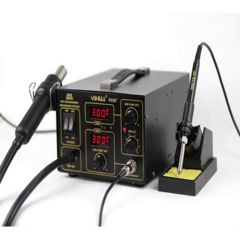 Паяльная станция с термофеном 650Вт, регулировка температуры от 100°C~500°C, cкорость потока до 120 л/мин. Паяльник 50Вт, регулировка температуры нагрева 200°C~500°C, температурная стабильность ±10°C