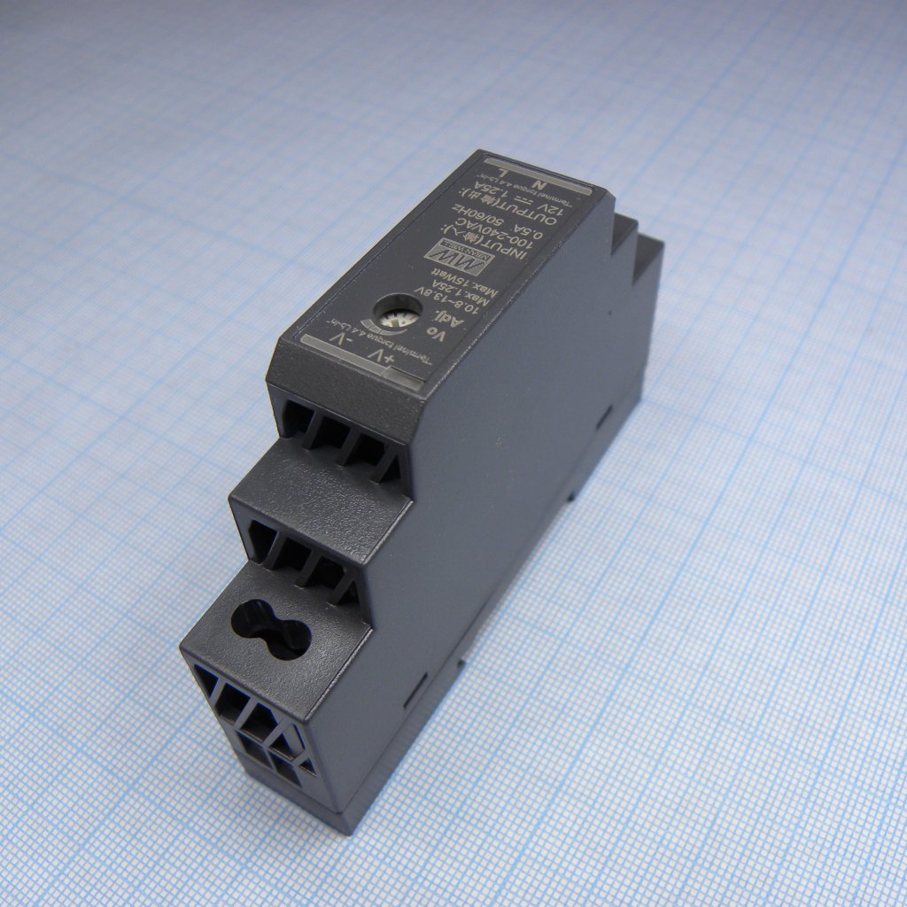 AC-DC, 15Вт, вход 85...264 В AC 47...63Гц/120...370В DC, выход 12В/1.25А, изоляция 3000В AC, в кожухе на DIN-рейку, 17.5х90х54.5мм, -30...+70°С