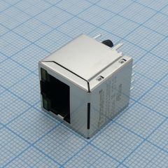 Разъем экр. "гнездо" RJ-45 c согласующ. фильтром 10/100Base-TX (1:1), вертик. на плату, 2 светодиод. (зеленый/желтый), без лепестков,  0...+70°С