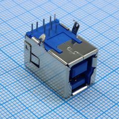 Разъем USB 3.0 B розетка угловая на плату, синий изолятор, монтаж в отверстия