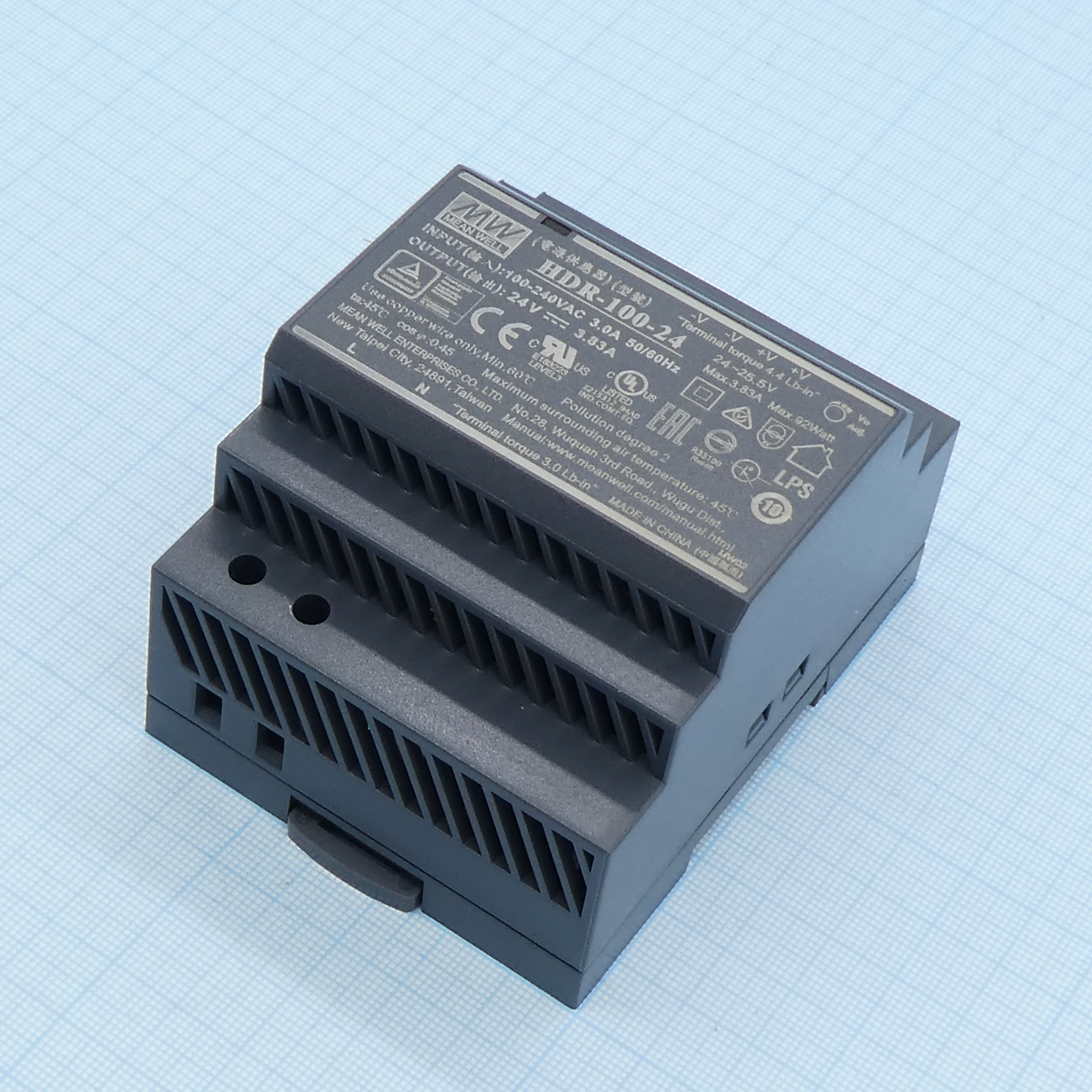 AC-DC, 92Вт, вход 85...264 В AC 47...63Гц/120...370В DC, выход 24В/3.83А, рег. выхода 24…25.5В, изоляция 3000В AC, в кожухе на DIN-рейку, 70х90х54.5мм, -30...+70°С