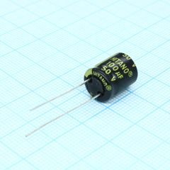 Конденсатор алюминиевый электролитический 100мкФ 50В ±20% (10 X 13мм) радиальный 5мм 0.18Ом 475мА 5000час 105°С россыпь