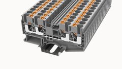Проходная клемма, 4 точки подключения, тип фиксации провода: Push-in, номинальное сечение: 6 мм кв., 41A, 1000V, ширина: 8,2 мм, цвет: серый, тип монтажа: DIN35, втычная перемычка,