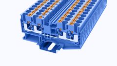 Проходная клемма, 4 точки подключения, тип фиксации провода: Push-in, номинальное сечение: 6 мм кв., 41A, 1000V, ширина: 8,2 мм, цвет: синий, тип монтажа: DIN35, втычная перемычка,