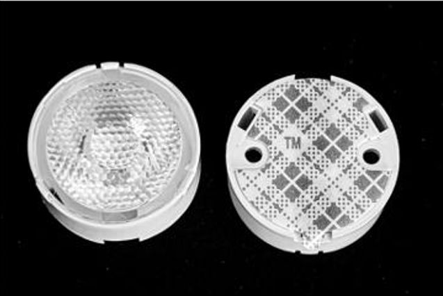 Линза белая с клеевой основой для светодиода 3535/3030, эфф=93%, ~10°x45°, D=21,3мм H:12,34мм, PC+PMMA