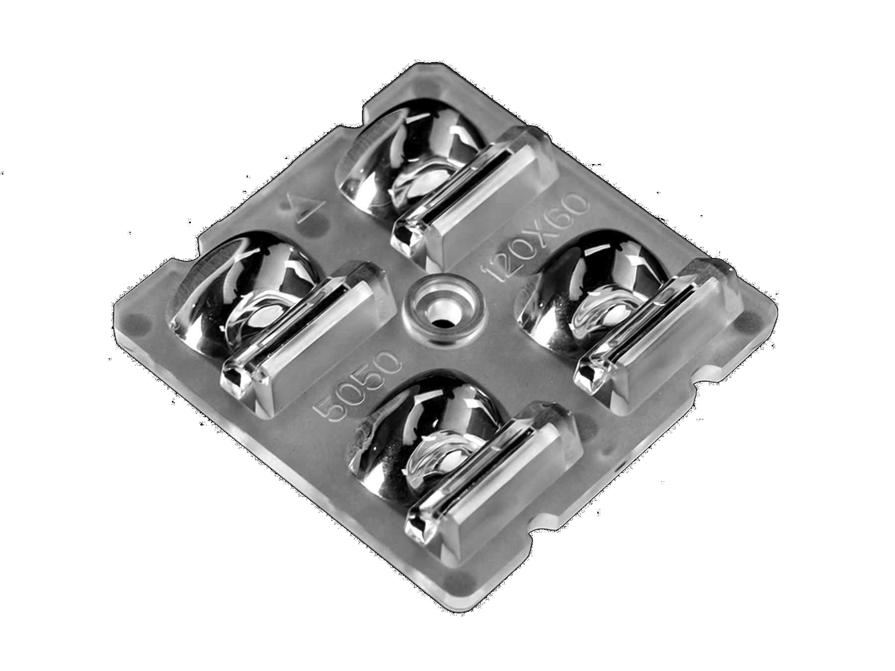 Групповая квадратная линза 2x2 на 4 светодиода 5050/3030 эфф=90% 120°x60° T4 Asyммetric for Tunnel ligh, 50x50мм H:8,62мм, PC