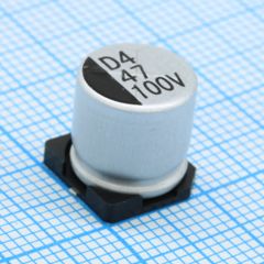 Конденсатор алюминиевый электролитический 47мкФ 100В ±20% (10х10.5мм) для поверхностного монтажа 0.9Ом 200мА 3000час 105°С лента на катушке