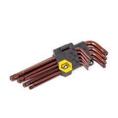 предназначен для монтажа крепежных изделий с внутренним профилем TORX, в том числе и в антивандальном исполнении, в наборе 9 ключей с типоразмерами Т10/T15/T20/T25/T27/T30/T40/T45/T50, материал сталь S2