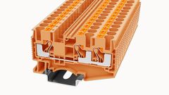Проходная клемма, 3 точки подключения, тип фиксации провода: Push-in, номинальное сечение: 6 мм кв., 41A, 1000V, ширина: 8,2 мм, цвет: оранжевый, тип монтажа: DIN35, втычная перемычка,